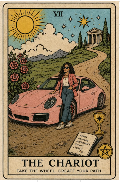 Carta de tarot El Carro: una mujer junto a un auto rosa bajo el sol y las estrellas